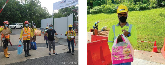 Left: Kind residents of Dairy Farm appreciating our workers with snacks and gifts, Right: CNY Goodies gifted by residents during CNY after we cleared the pedestrian road after a thunderstorm