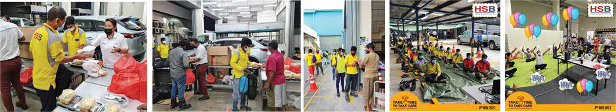 First three images, Distribution of goodie bags and bento meals to our workers. Last two images, Management, staff and workers at various sites watching the live broadcast