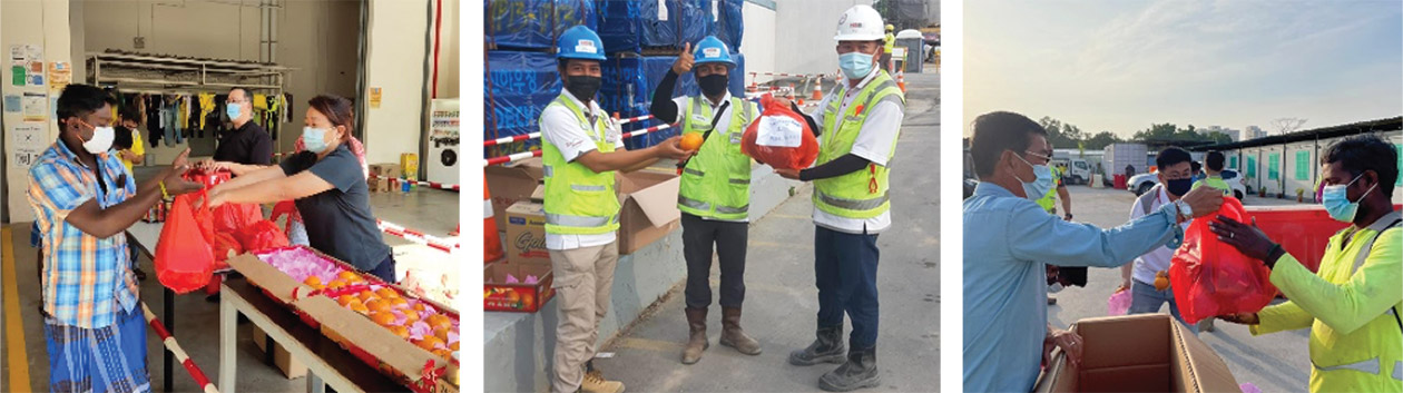 Left: Top management distributing the CNY Goodie Bags and oranges to workers living in Dormitory on the 1st day of CNY, Middle: Distributing CNY Goodie Bags to our Chinese employees living in CTQ/TLQ, Right: Site Manager distributing Goodie Bags to also o